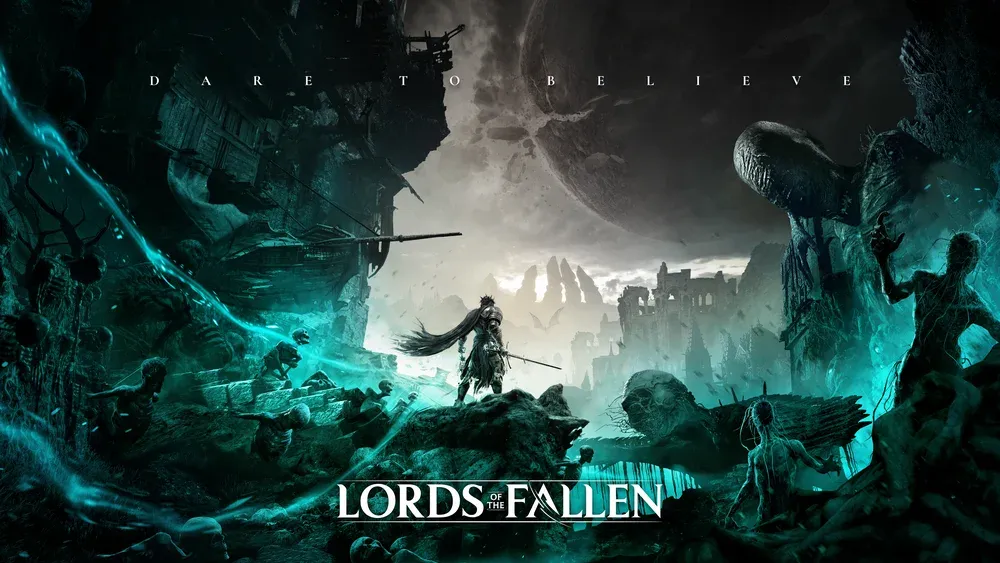 Person standing in a green hued wasteland. Text: Lords of the Fallen 2.