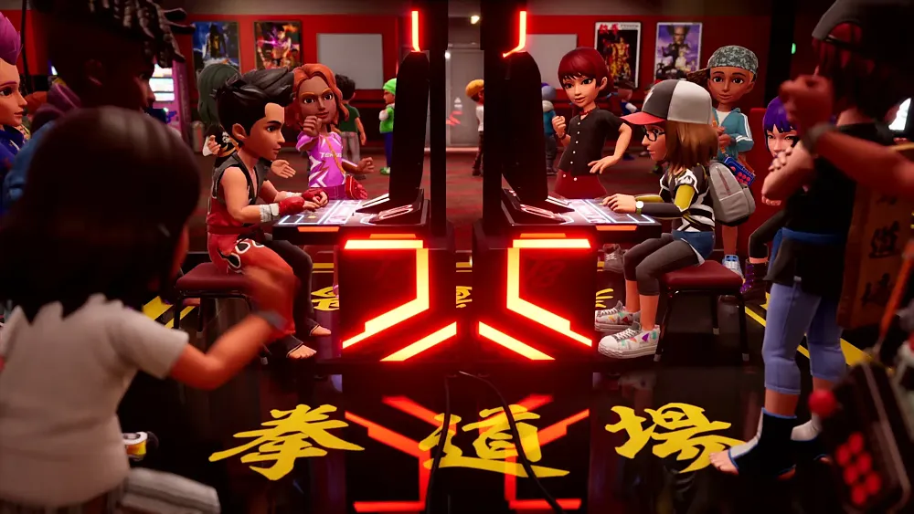 Stylized human avatars gathered around fighting game arcade cabinets.