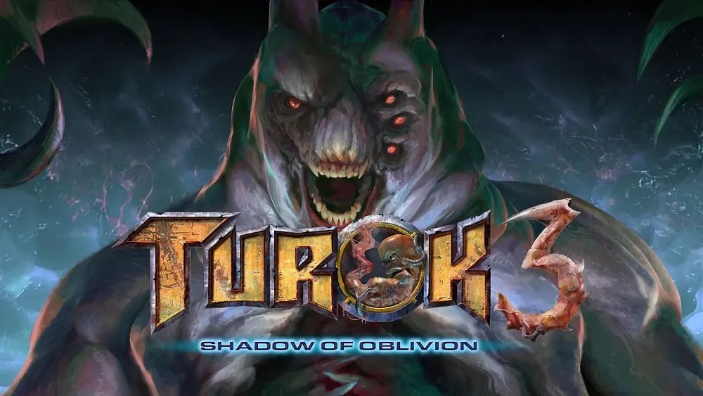 Mutated dinosaur creature thing with text: Turok 3: Shadow of Oblivion.