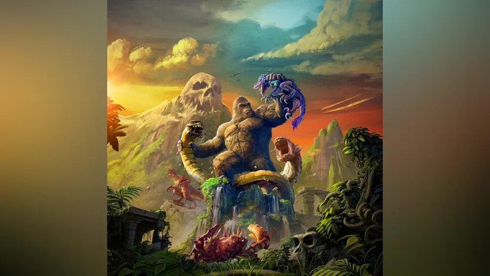 King Kong fighting monsters on Skull Island.