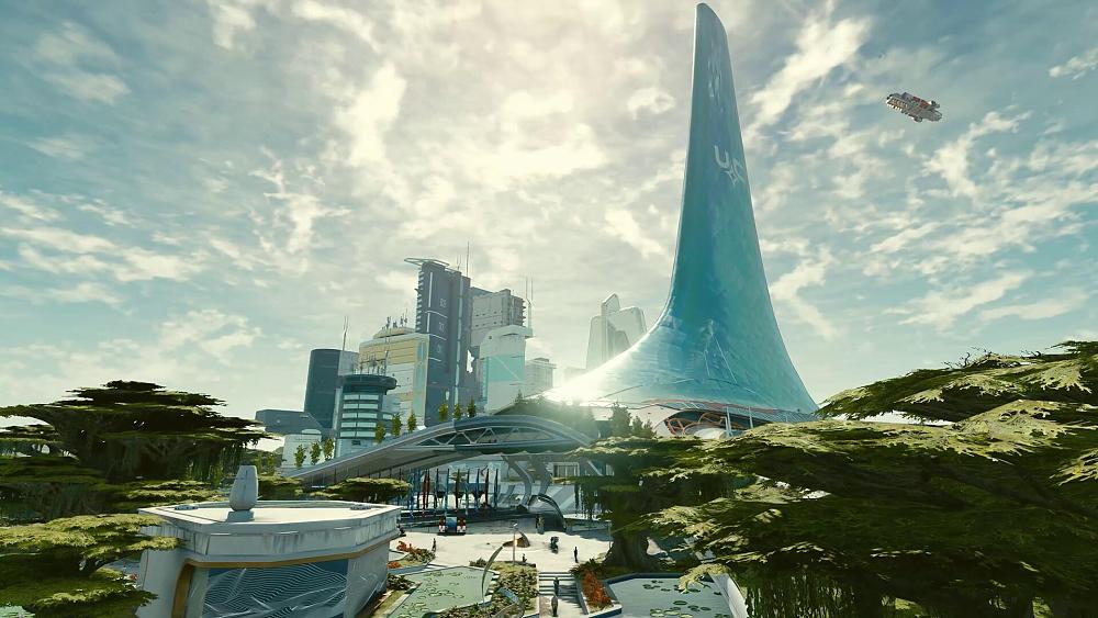 A futuristic city on an alien planet.
