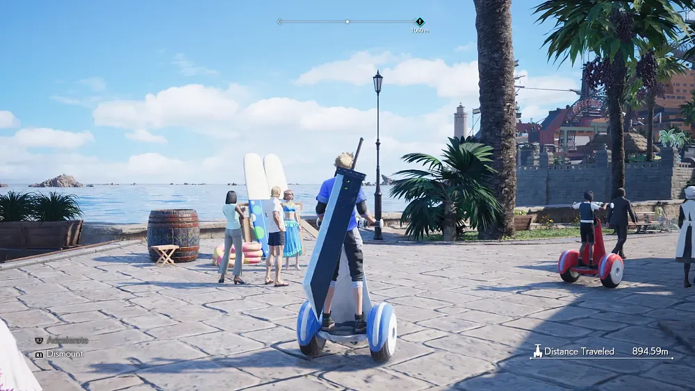 A spikey haired character riding a Segway around a coastal town.