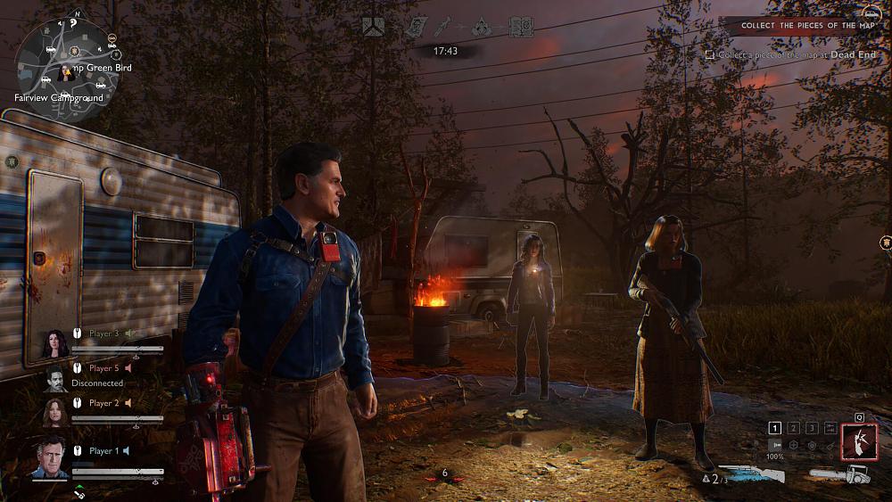 Three players with various weapons from the Evil Dead universe.