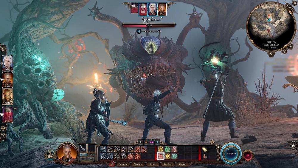Three characters facing off against a giant, floating monster.