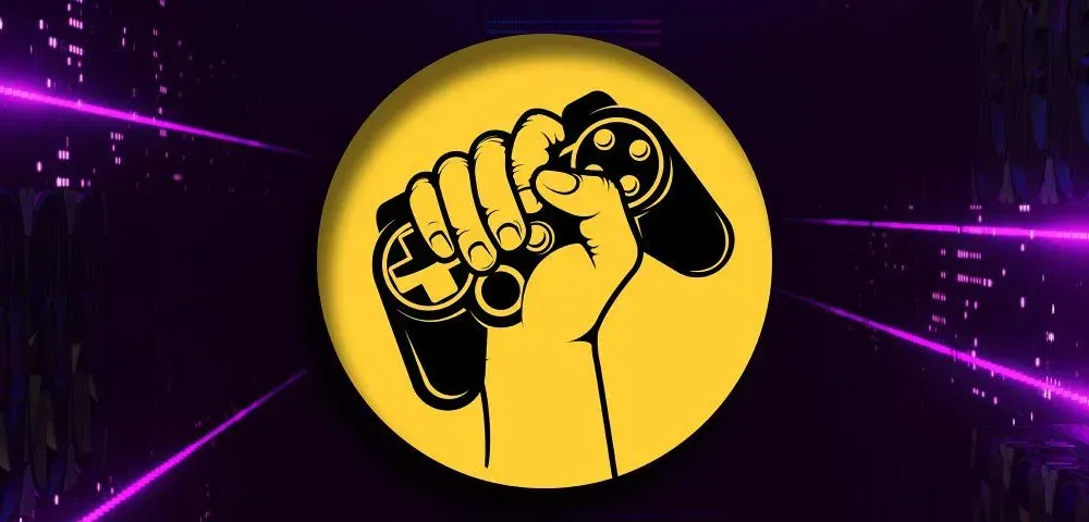 A hand holding up a controller in triumph or a sign of power