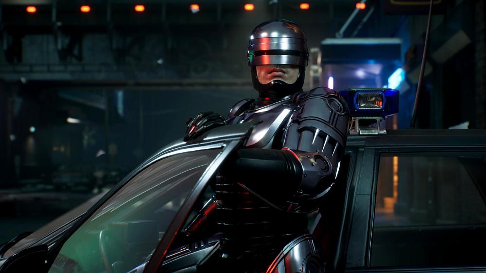 Image from a RoboCop game showing RoboCop getting out of a cop car.