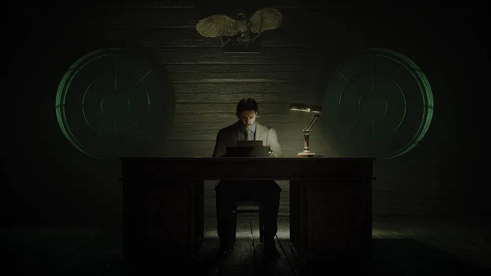 Titular character, Alan Wake, sitting at a desk in a dim room typing on a typewriter.