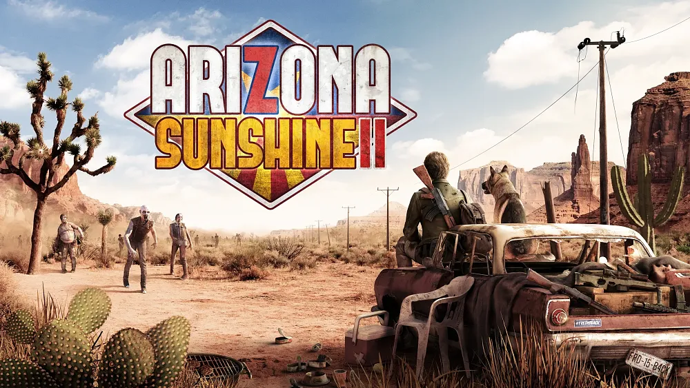Text: Arizona Sunshine 2. Image: A guy and a dog sitting on the hood of a car in the desert as a few zombies shuffle towards them.