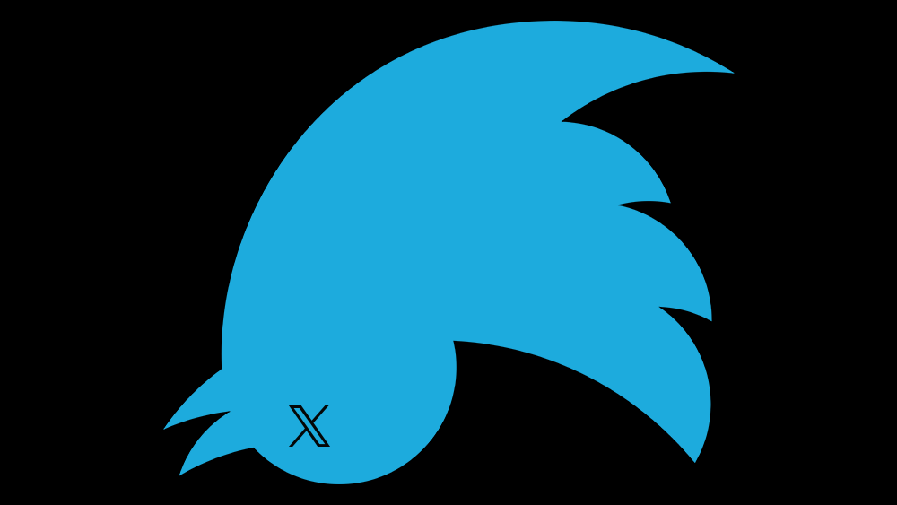 The old Twitter bird logo, the X Twitter logo shown as the dead's bird eye.