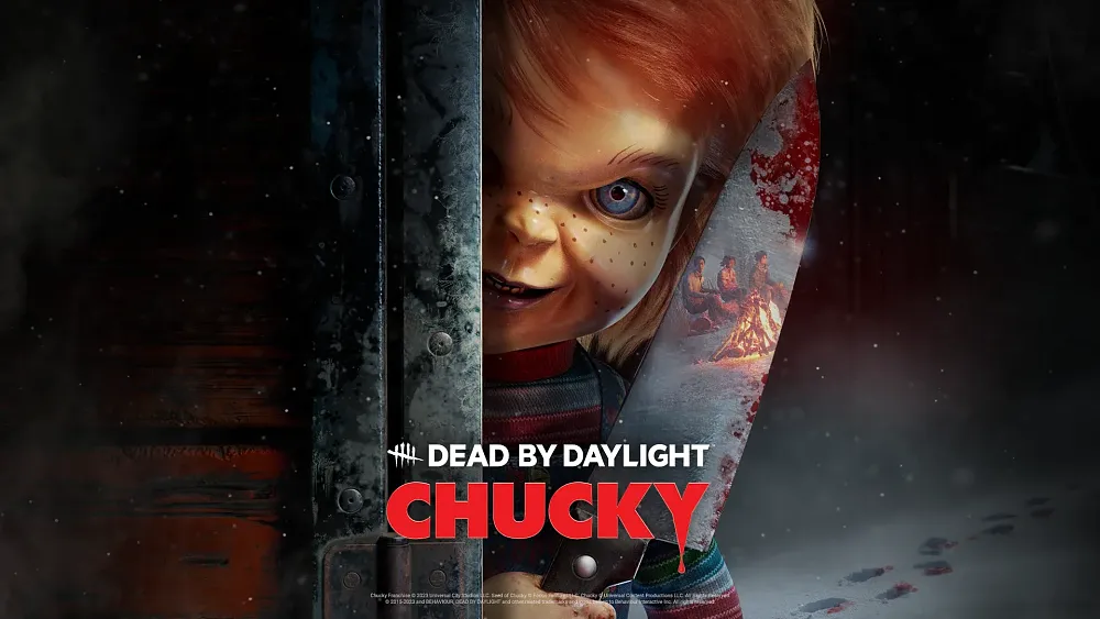Key art showing the murderous doll Chucky. Text reading Dead by Daylight: Chucky