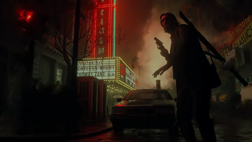 Alan Wake holding a gun, standing in a supernatural version of New York.