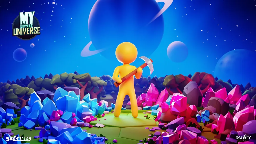 My Little Universe key art. Shows a featureless yellow human figure holding a pickaxe and surrounded by various colorful ores.