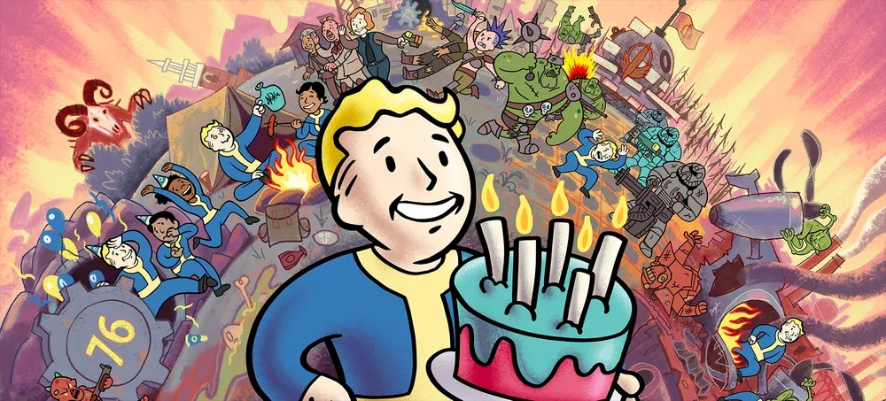 Fifth anniversary artwork featuring Vault Boy and an assortment of characters, locations, and enemies from Fallout 76.