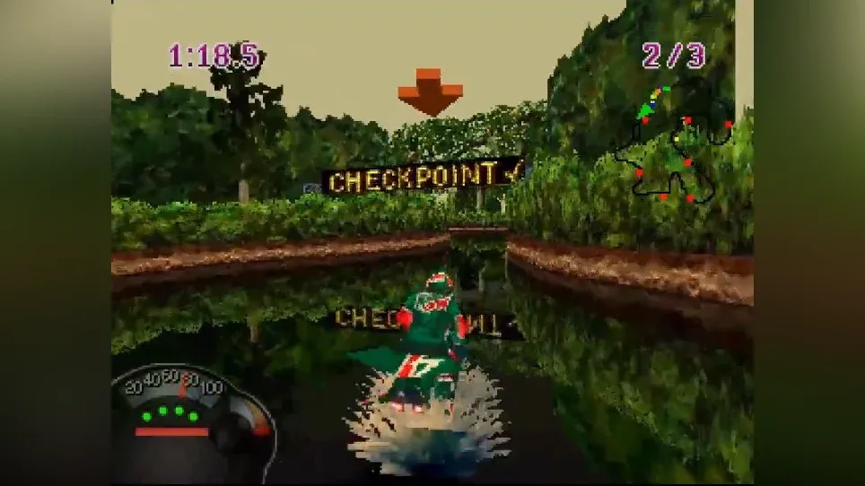 Screenshot from the hoverbike PS1 racing game Jet Moto
