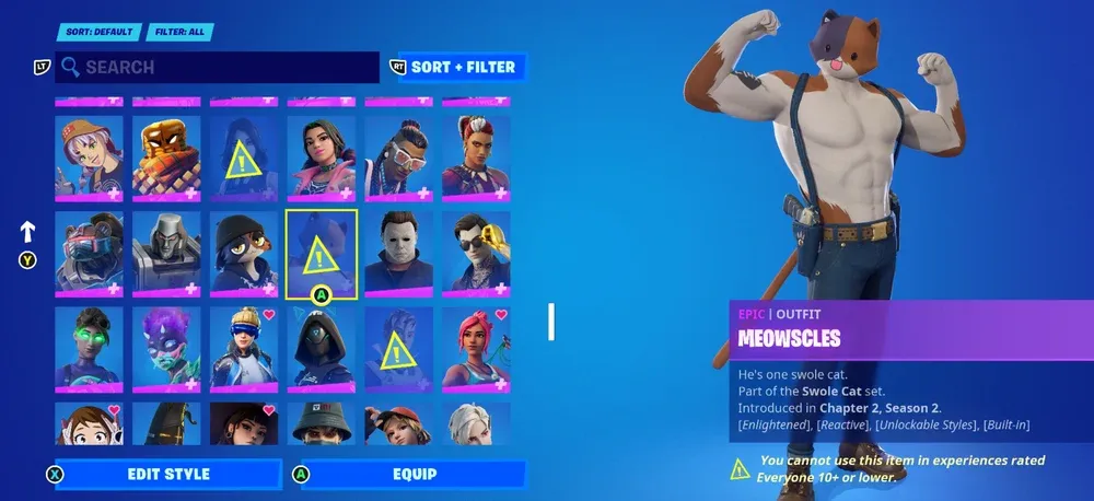 Screenshot of showing an age restricted cosmetic in the new Fortnite update.