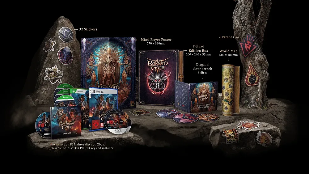 Image showing all of the items you get in the physical release of Baldur's Gate 3: Deluxe Edition including game discs, soundtrack CDs, cloth map, stickers, art, and more.