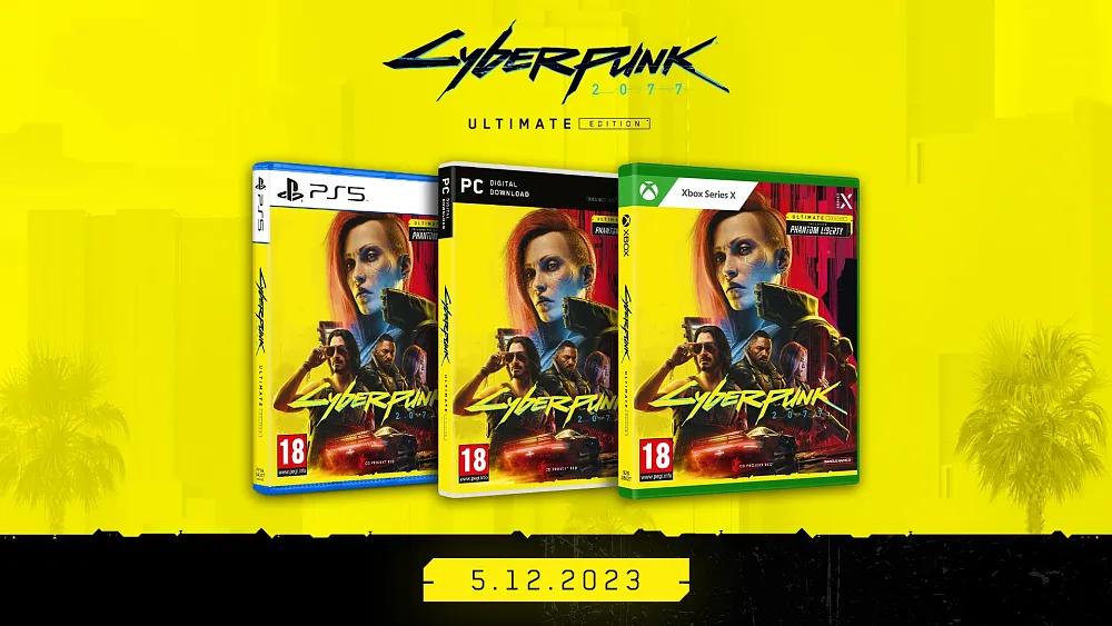Image showing three boxes for PC, Xbox, and PlayStation art for Cyberpunk 2077: Ultimate Edition.