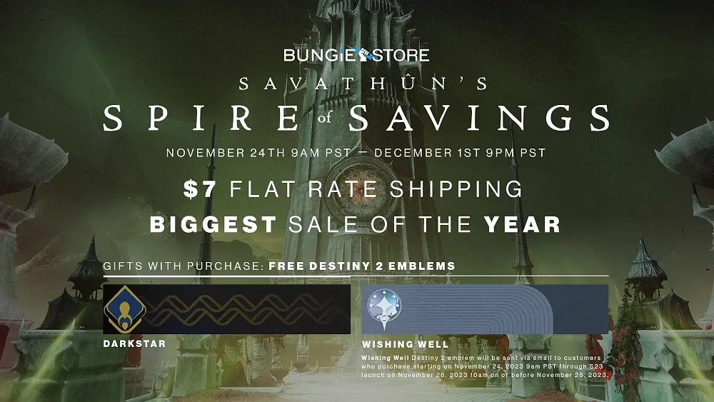 Promo art for the Bungie Store promoting a big sale and some free emblems with each purchase.