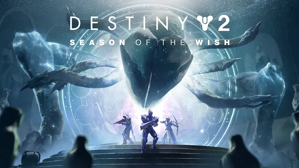 Key art for Destiny 2 Season of the Wish showing Guardians and a giant creature behind them.