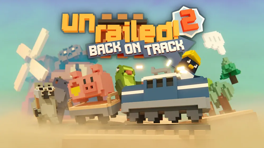 Unrailed 2: Back on Track. Shows blocky characters, a train, train tracks, and blocky wilderness from the game.