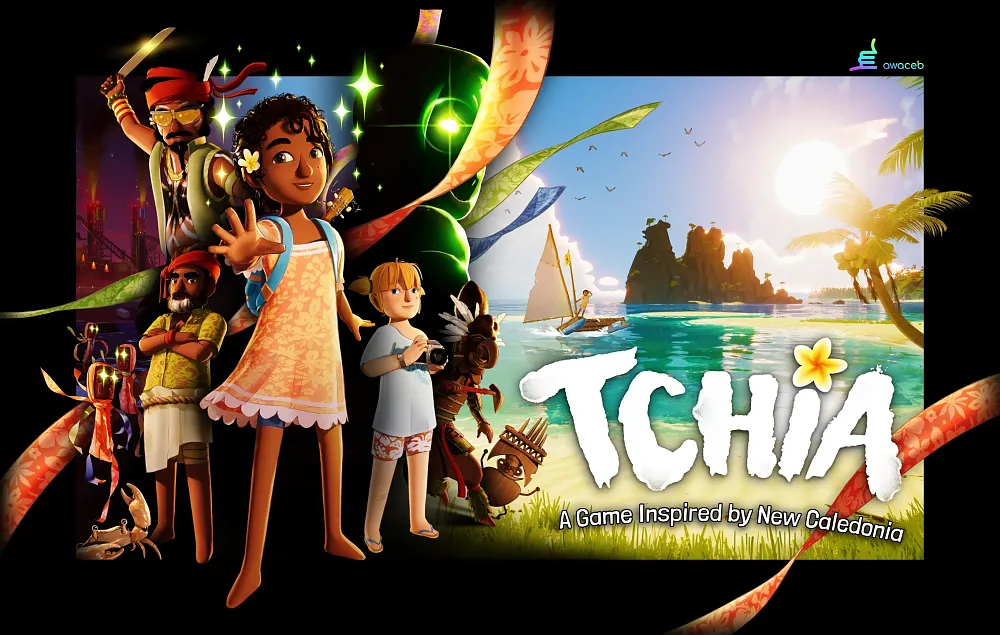Tchia. Art showing all the characters from the game alongside what looks like an island paradise.