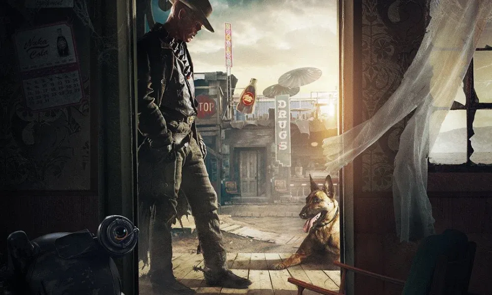A ghoul in cowboy gear leans against a doorway looking down as a dog lays near his feet.