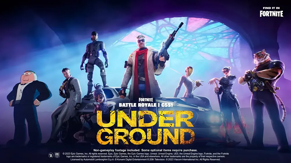 Art showing a variety of characters including Solid Snake and Peter Griffin in a teaser for Fortnite Chapter 5 - Underground.