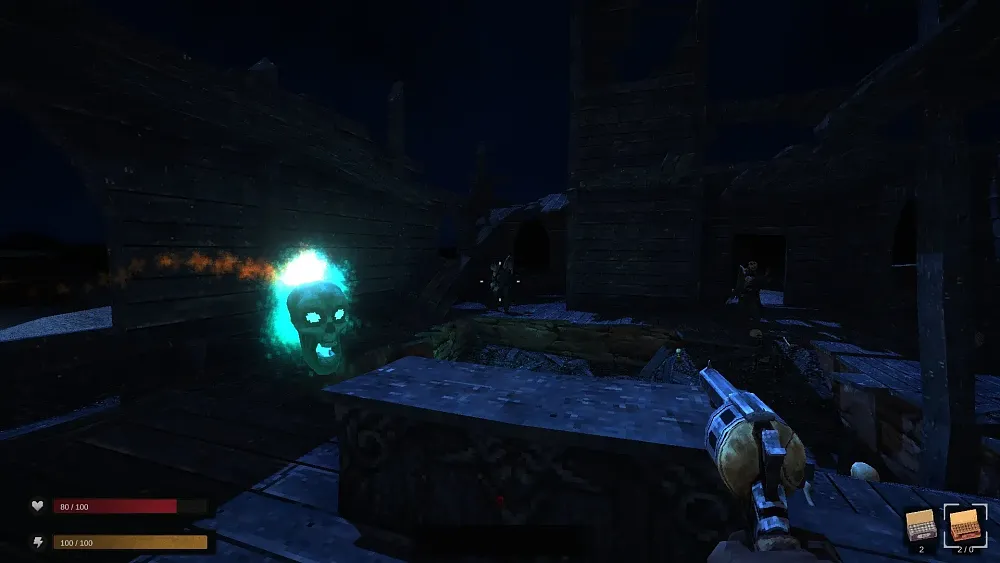 Screenshot  with a ghostly flying skull, and a person holding a revolver, all set in a haunted Wild West location.