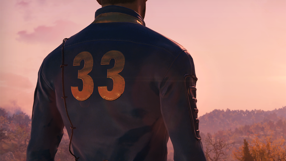 A person wearing a Vault 33 jumpsuit from Fallout 76.
