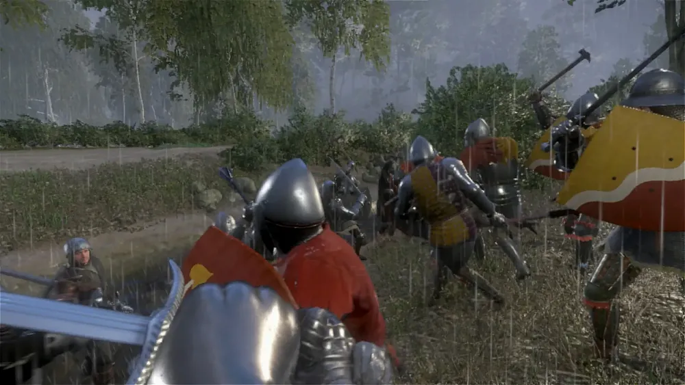 Screenshot showing soldiers ready to attack in a field of battle.