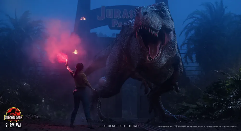 A person holding a flare to catch the attention of a T-Rex.