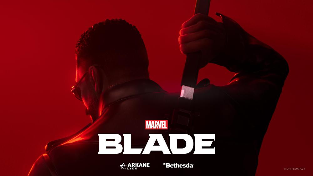 Key art for the upcoming Blade game showing a red background and the titular Blade with his back to the camera.