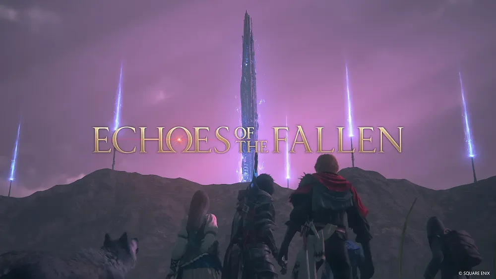 Text: Echoes of the Fallen. Image: Characters staring up at a large crystal pillar set against a purple-pink sky.