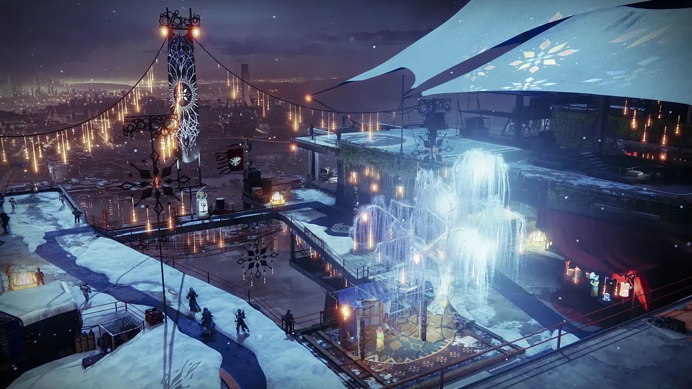 A scene from Destiny 2 showing a snowy social area made up in holiday decorations for the Christmas holiday.