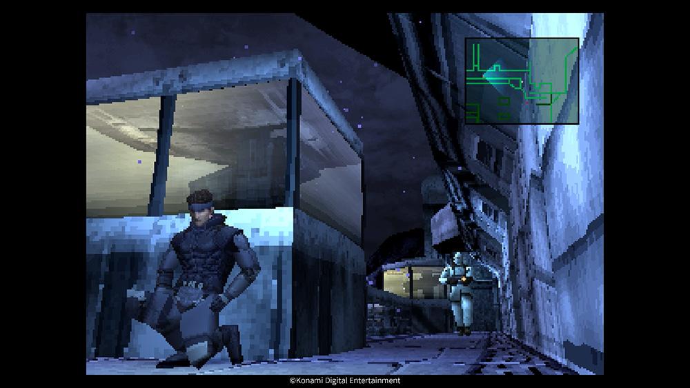 Screenshot from the original Metal Gear Solid where the main character is crouched behind a wall.