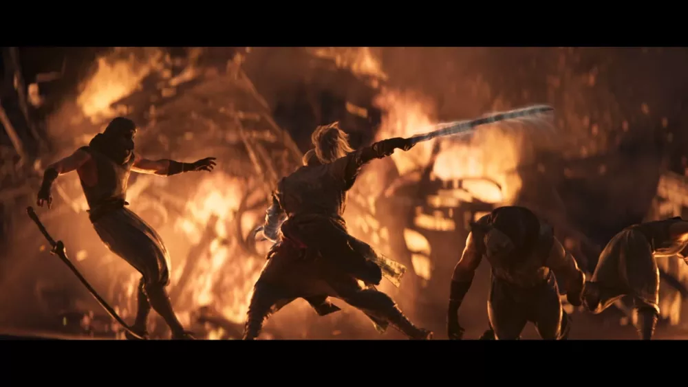 Still from the cinematic trailer for League of Legends Season 2024 showing a fiery background and a person with a sword fending off foes.