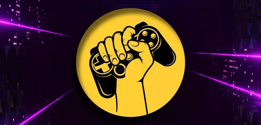 A hand holding up a controller in triumph or a sign of power.