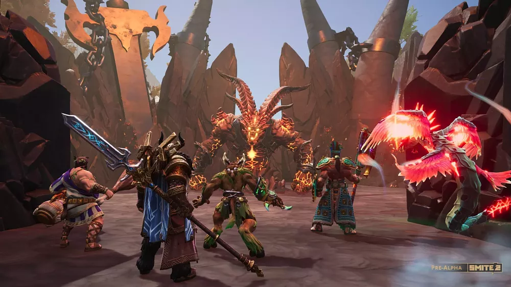 Screenshot showing pre-alpha gameplay where various gods and minions are facing off against each other.