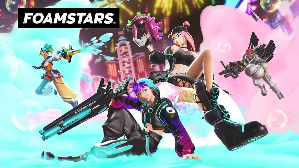Key art for Foamstars showing lots of blue and pink bubbles and wild cast of characters.