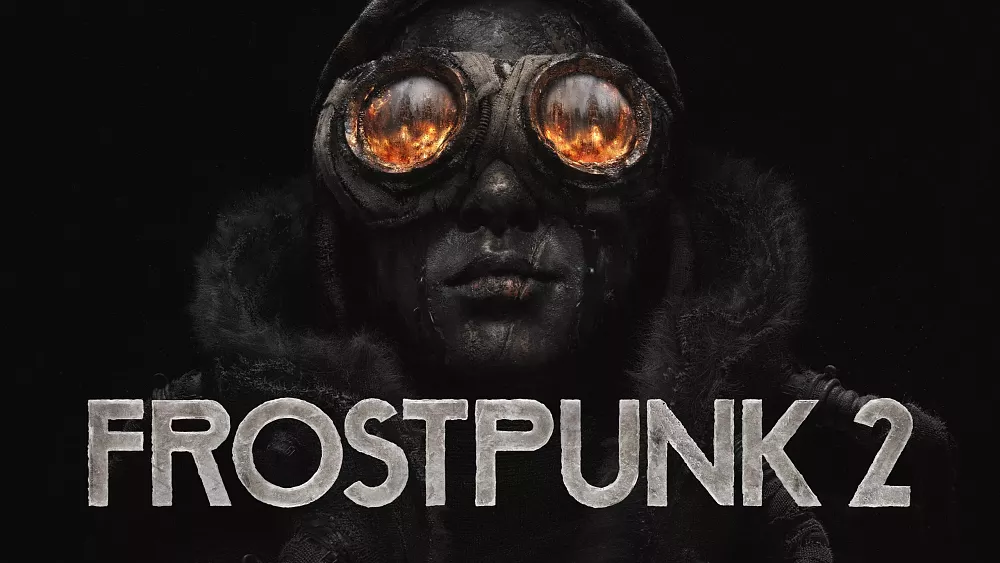 A person in snow goggles, which are reflecting flames in the lenses, and the title of Frostpunk 2.