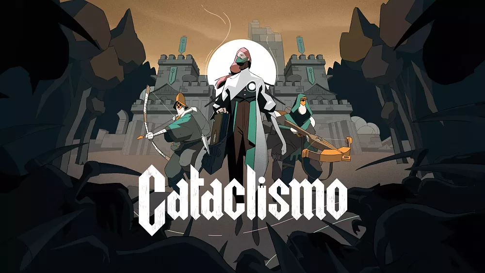 Key art showing medieval looking soldiers and stone fortresses along with the title of the game, Cataclismo.