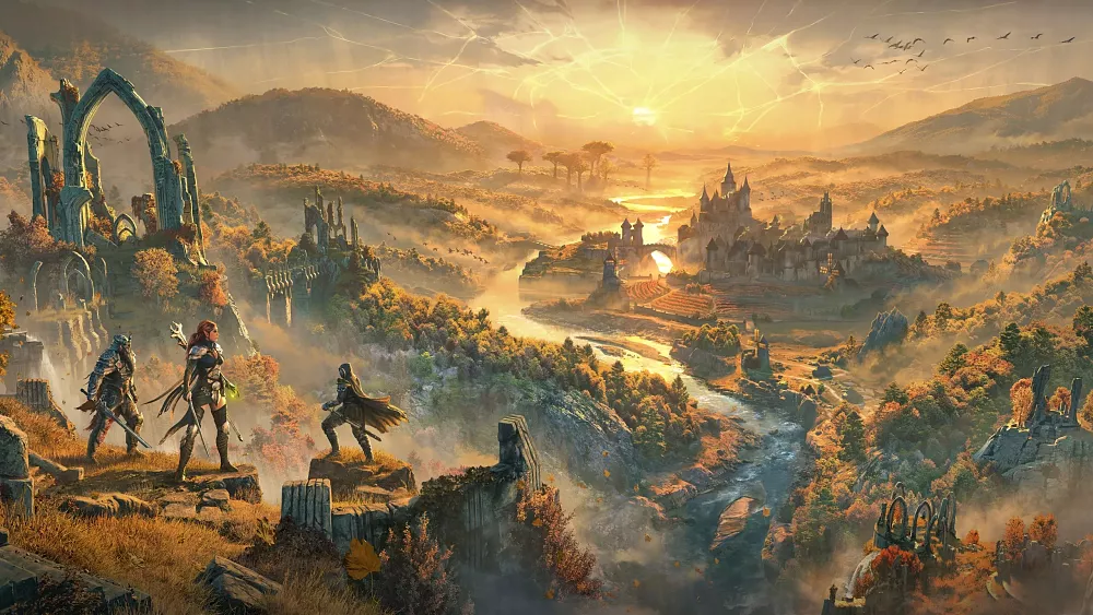 Art showing characters overlooking a valley bathed in golden yellow sunlight.