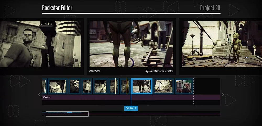 An image from the Rockstar Editor showing a timeline of clips pieced together on a timeline to form a longer video creation.