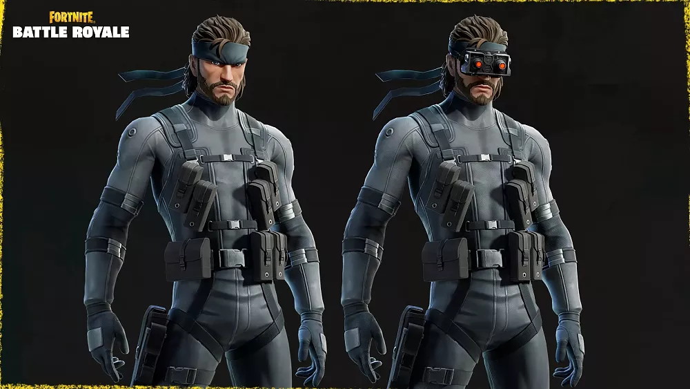 Image showing two variants of Solid Snake as he appears in Fortnite.