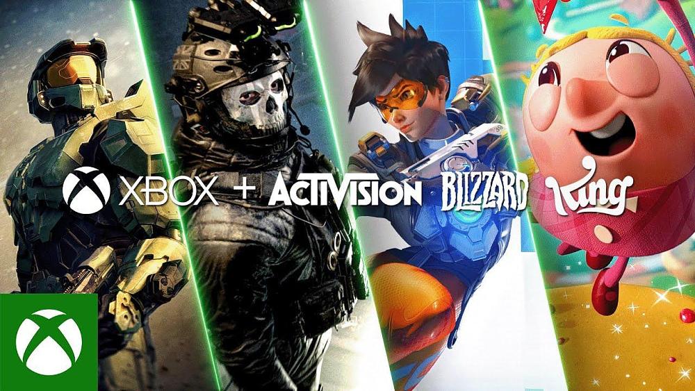 Text: Xbox + Activision Blizzard King. Image: Four characters from Xbox and Activision Blizzard Games including Master Chief, Ghost from Call of Duty, Tracer from Overwatch, and some other character.