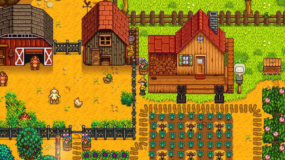 An image showing a typical farm, animals, crops, and player in Stardew Valley.