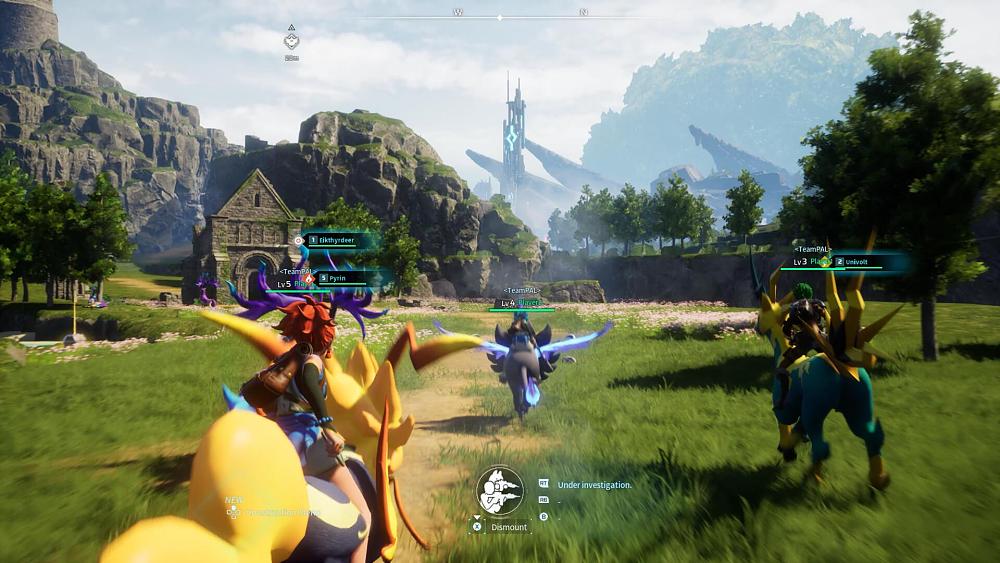 Players riding colorful creatures in a field.