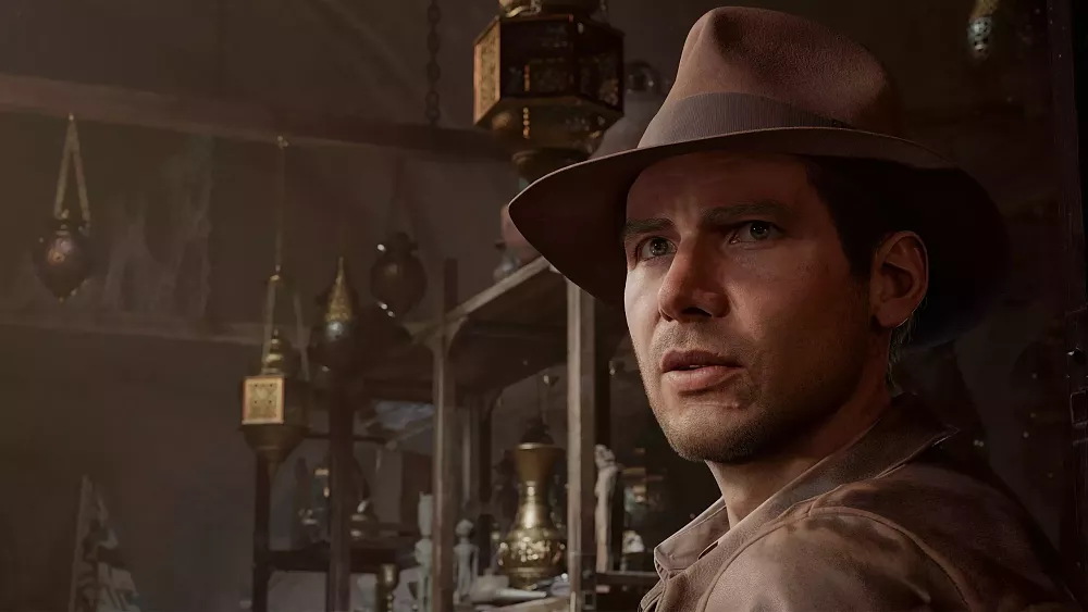 Screenshot from Indiana Jones and the Great Circle showing a closeup of Indiana Jones.