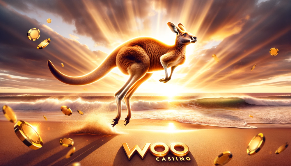 Kangaroo jumping on a beach as poker chips rain down