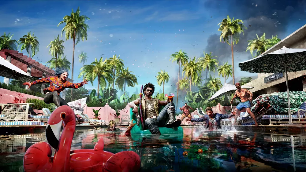 Guy in pool surrounded by zombies.
